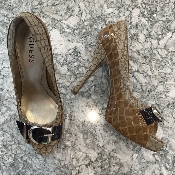 Guess Shoes - Guess faux snakeskin high heel platform shoes with buckles